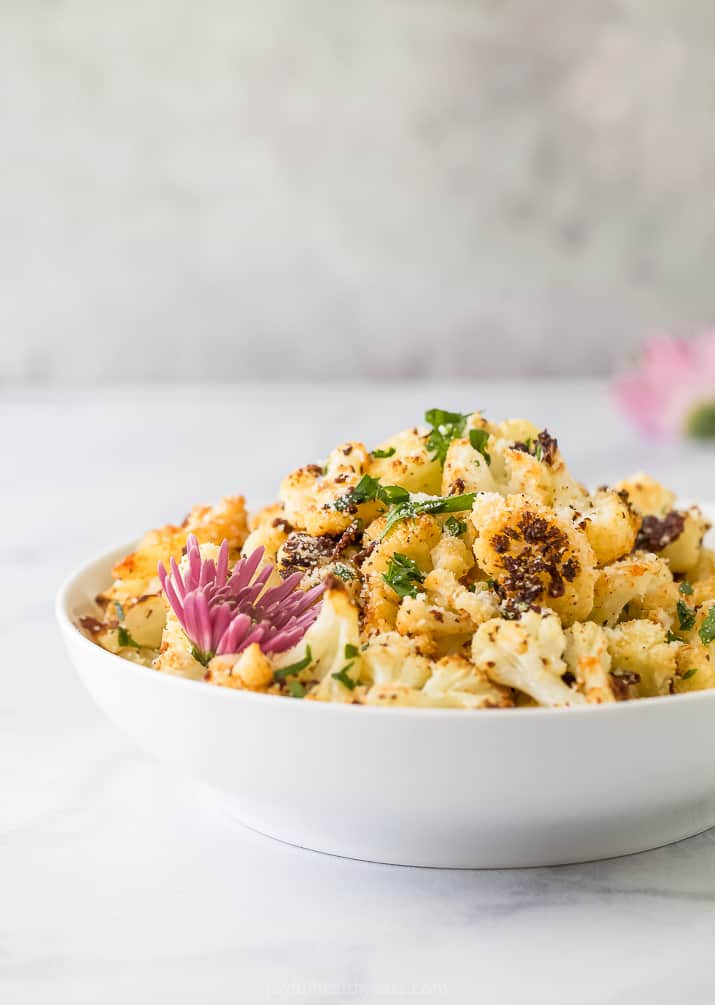 side photo of low carb parmesan roasted cauliflower recipe