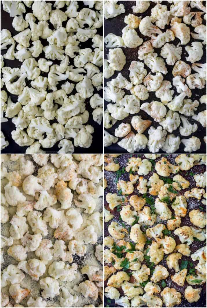 process photos of how to make a low carb parmesan roasted cauliflower recipe