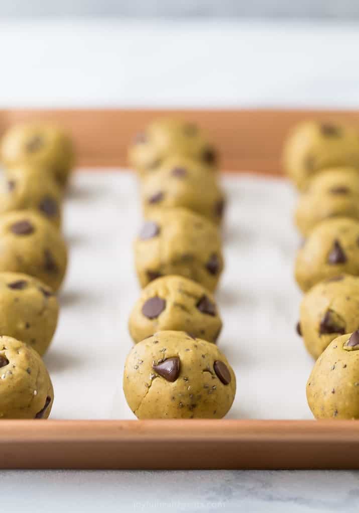 Vegan Cookie Dough Energy Balls on a baking sheet