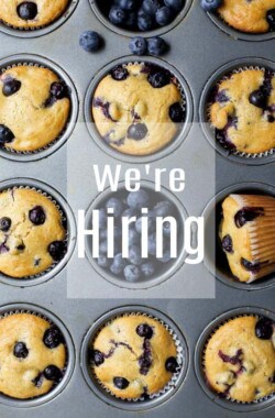 image of blueberry muffins that says we're hiring