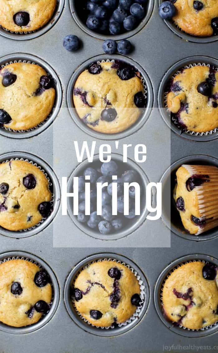 image of blueberry muffins that says we're hiring