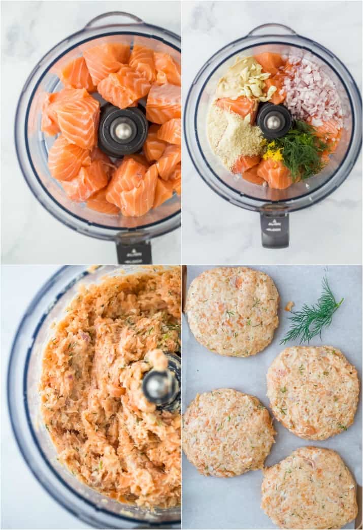 process photos of how to make salmon burgers in a food processor
