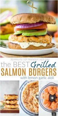 pinterest image for best grilled salmon burgers with lemon garlic aioli