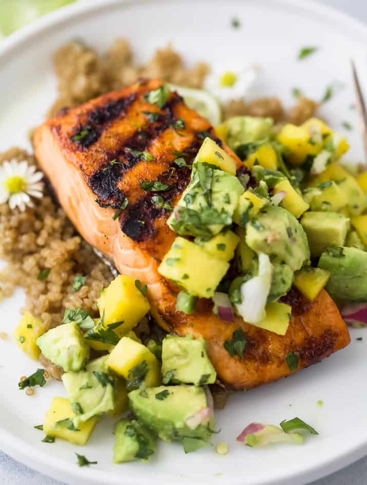 side photo of easy chili lime grilled salmon with mango avocado salsa