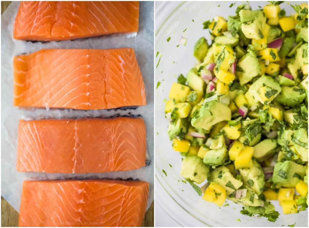 process photos of how to grill salmon and how to make mango avocado salsa