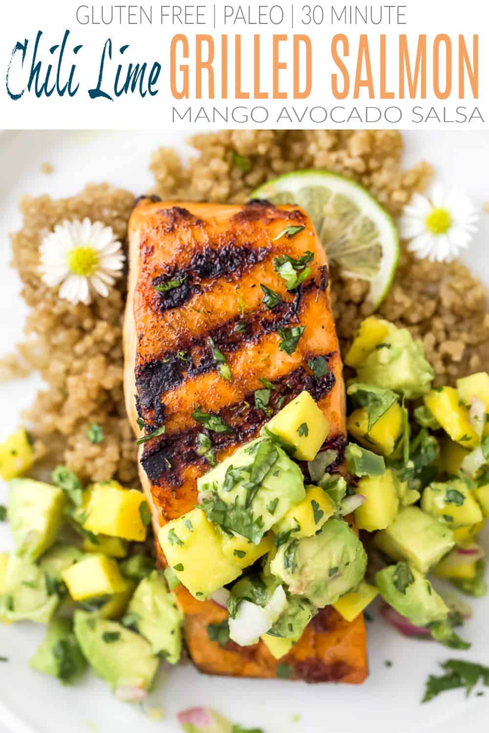 pinterest image for easy chili lime grilled salmon with mango avocado salad