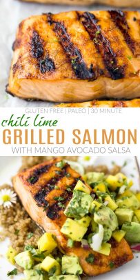 pinterest image for easy chili lime grilled salmon with mango avocado salsa