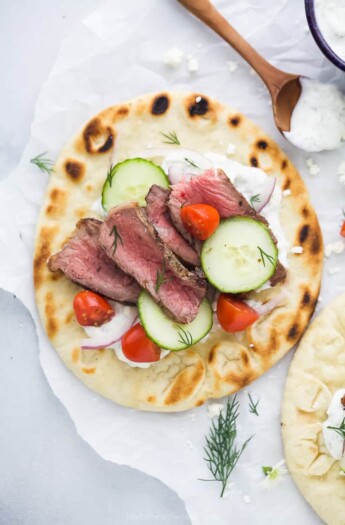 overhead photo of Easy Grilled Steak Gyros with Tzatziki Sauce