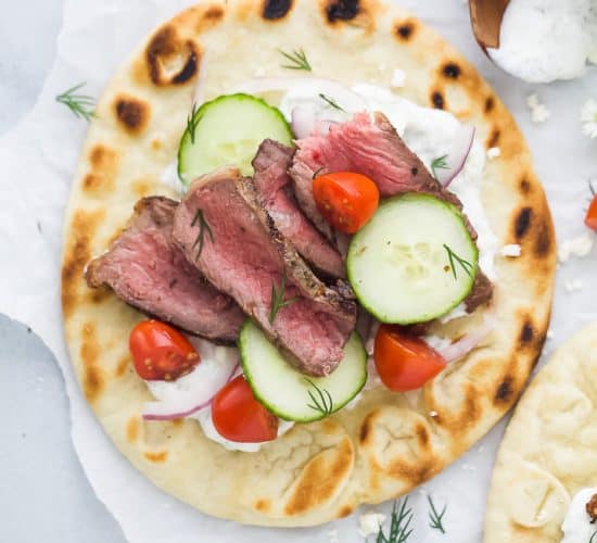 overhead photo of Easy Grilled Steak Gyros with Tzatziki Sauce