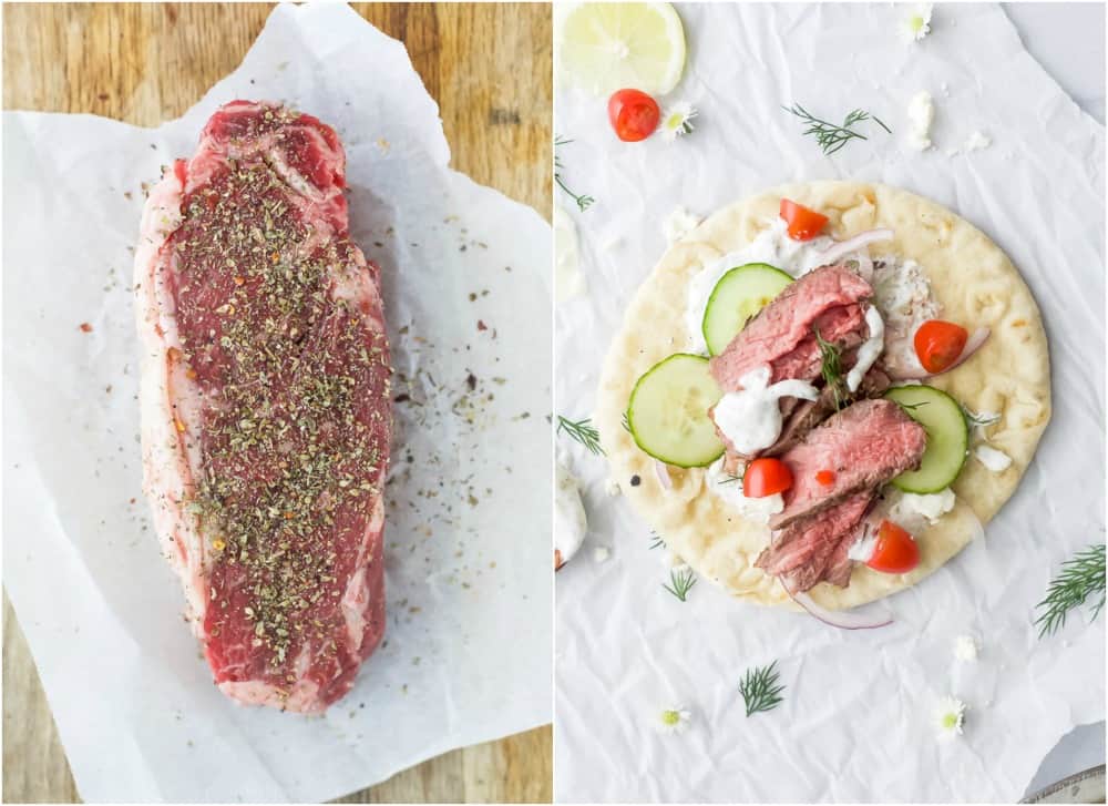 a seasoned new york strip steak and a finished steak gryo with tzatziki sauce