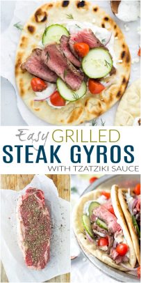 pinterest image for easy grilled steak gyros with tzatziki sauce