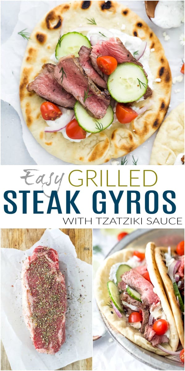 pinterest image for easy grilled steak gyros with tzatziki sauce