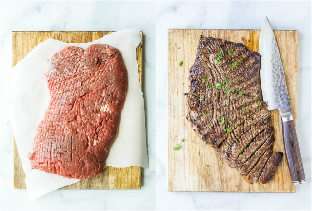 process of making mediterranean steak - the raw steak and finished grilled steak
