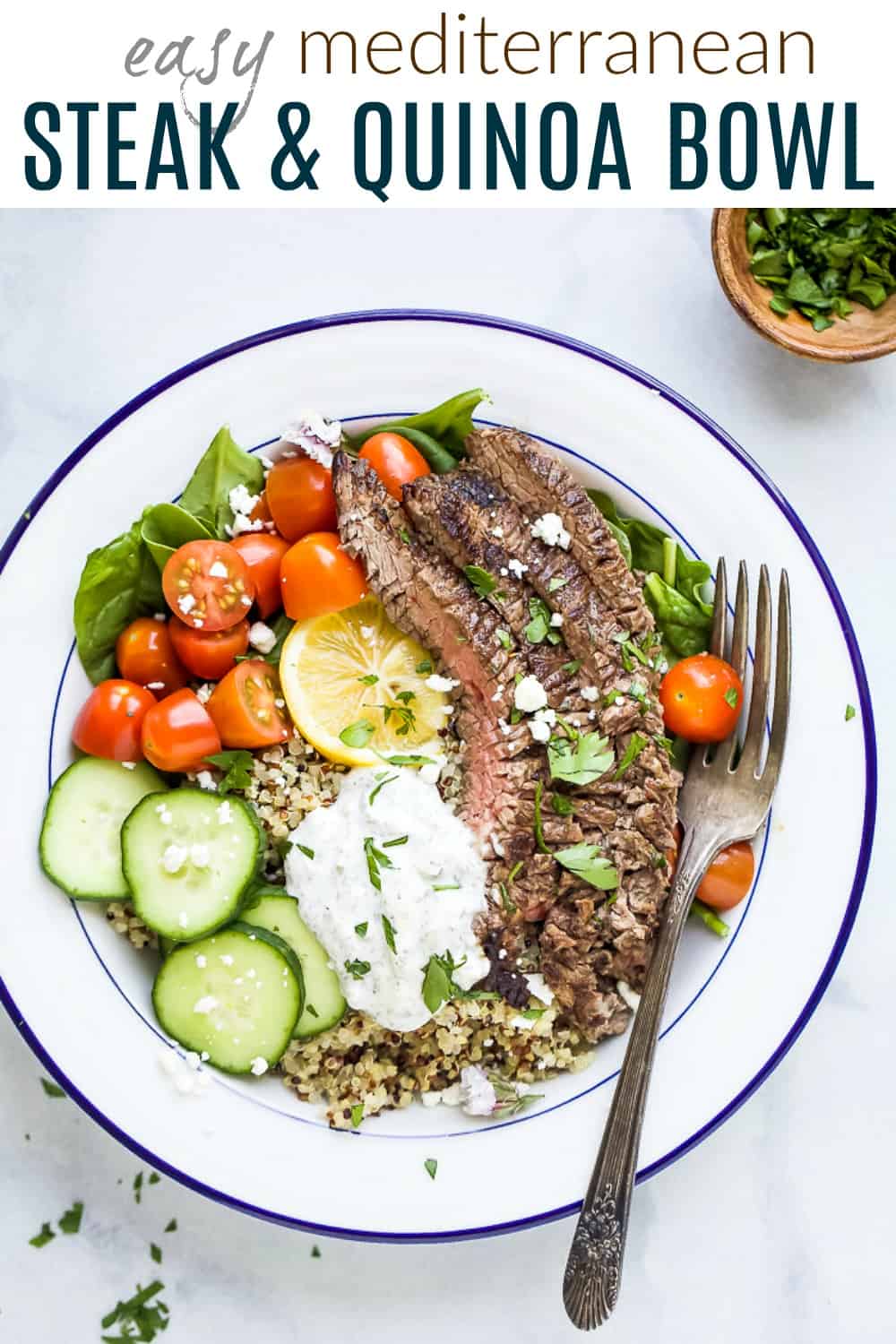 pinterest image for easy mediterranean steak and quinoa bowls