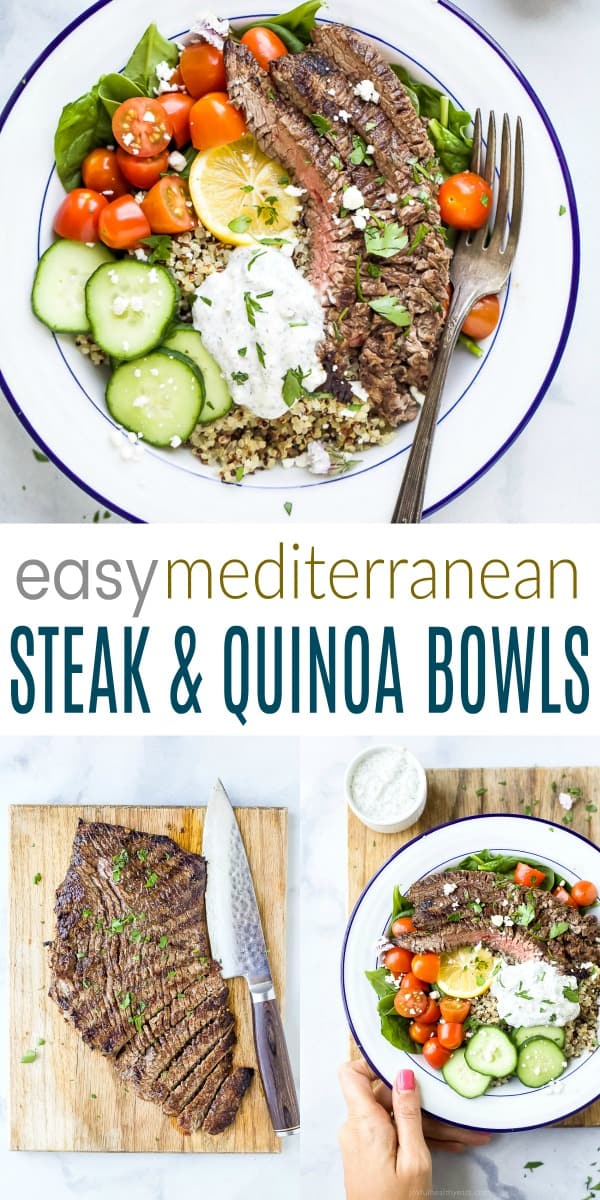 pinterest image for easy mediterranean steak and quinoa bowls