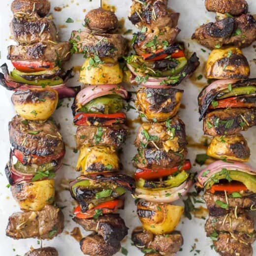 overhead photo of the best marinated steak kabob recipe