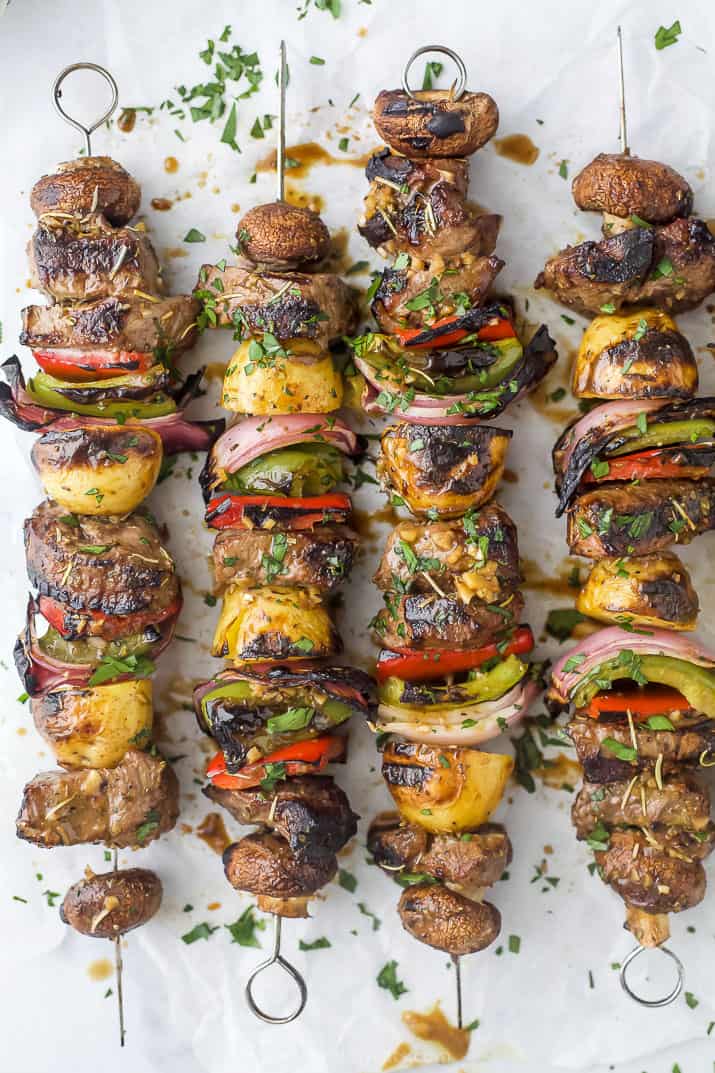 overhead photo of the best marinated steak kabob recipe