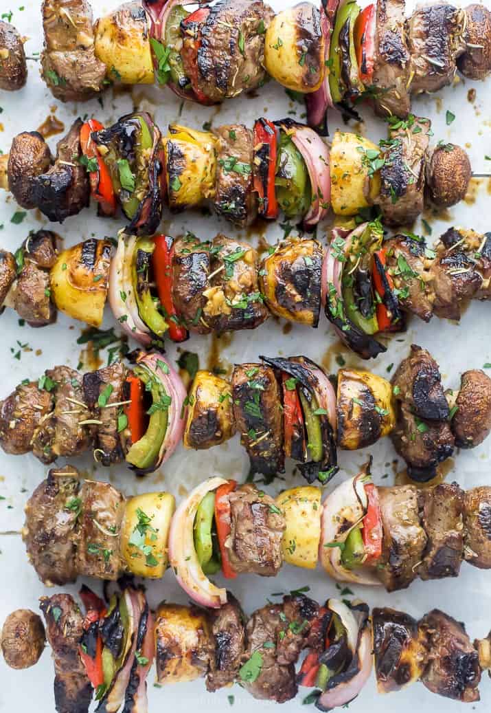 overhead photo of the best marinated steak kabob recipe on skewers