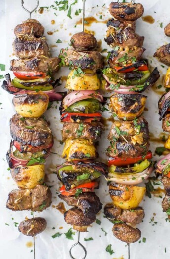 overhead photo of the best marinated steak kabob recipe