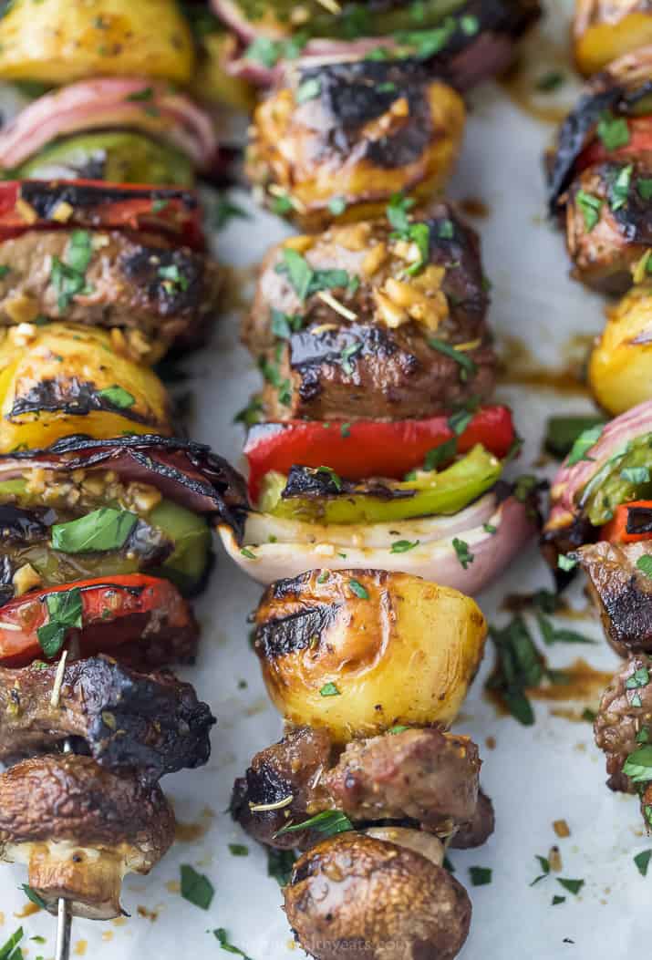 side photo of the best marinated steak kabob recipe