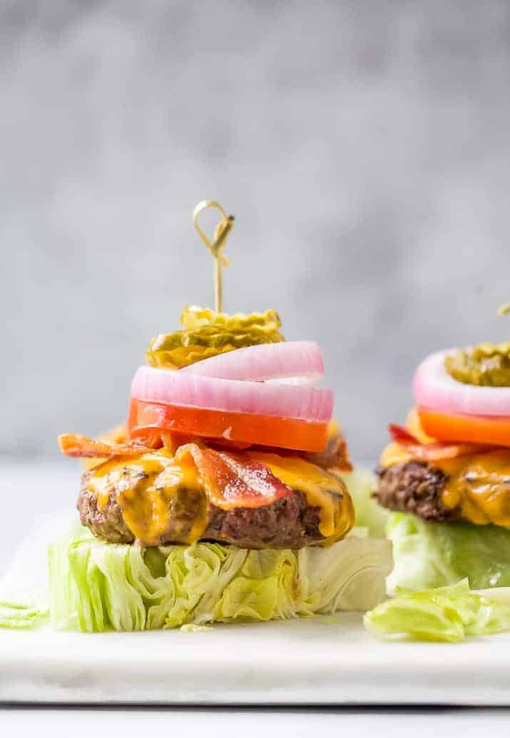 perfect keto bacon cheeseburger recipes with ground bison on a lettuce wedge
