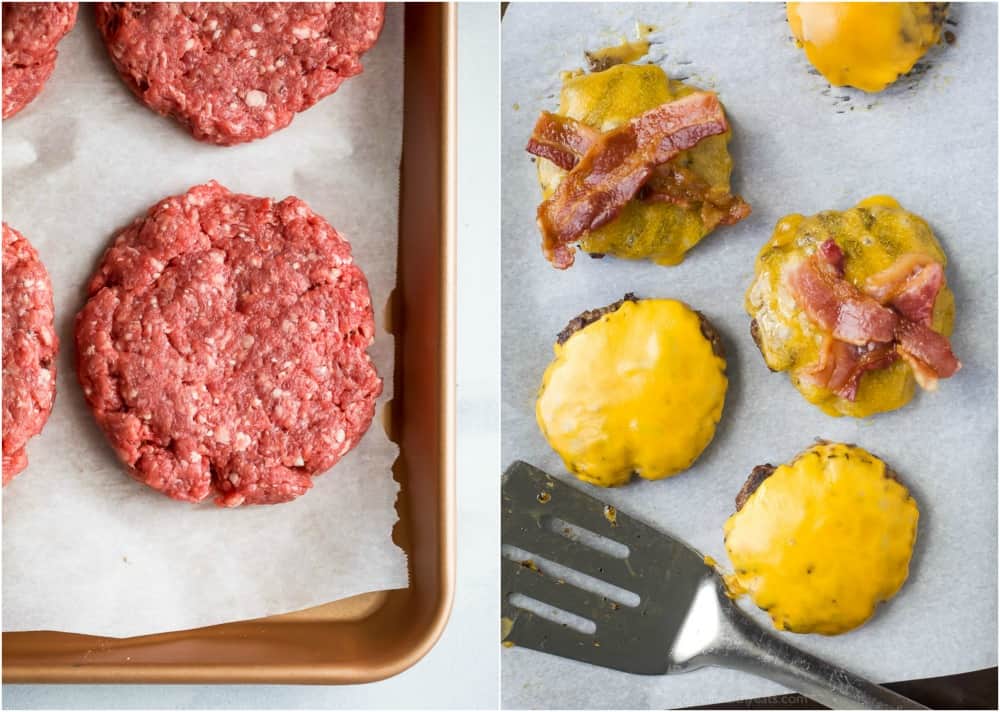 process photos of how to make keto bacon cheeseburgers and then the fixed burger