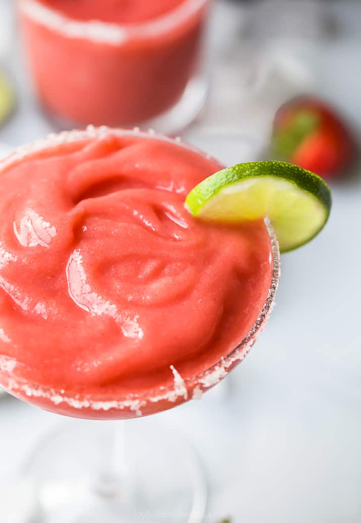 close up photo of the ultimate blender frozen strawberry margaritas