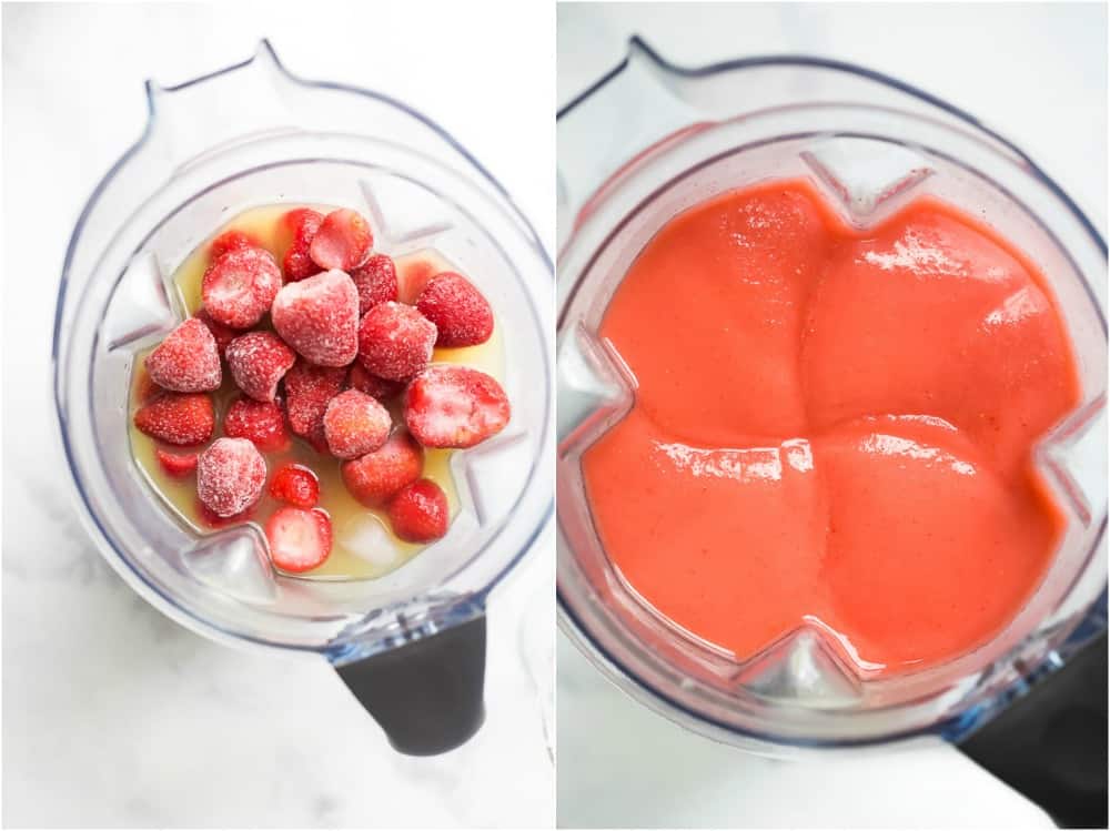 ingredients for frozen strawberry margaritas in a blender