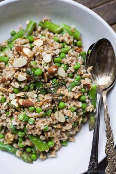 creamy springtime farro salad in a bowl