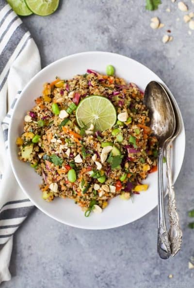 crunchy thai quinoa salad in a bowl