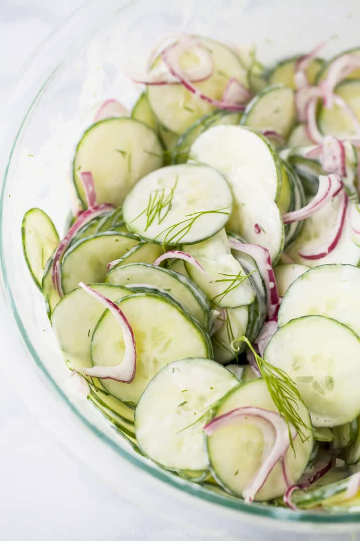 10 minute creamy cucumber salad in a bowl