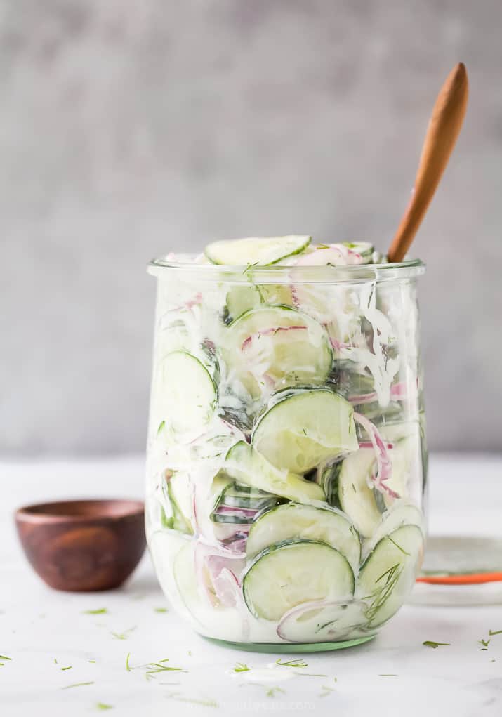 10 minute creamy cucumber salad recipe in a jar