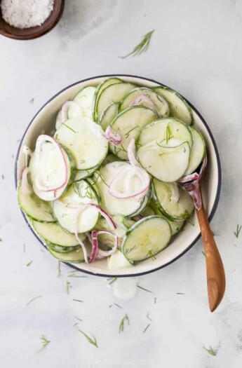 10 minute creamy cucumber salad in a bowl