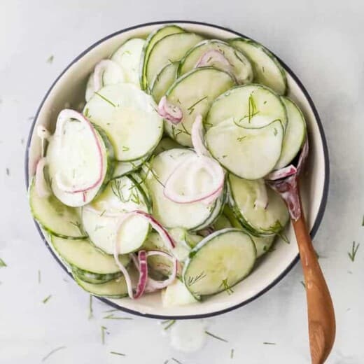 10 minute creamy cucumber salad in a bowl