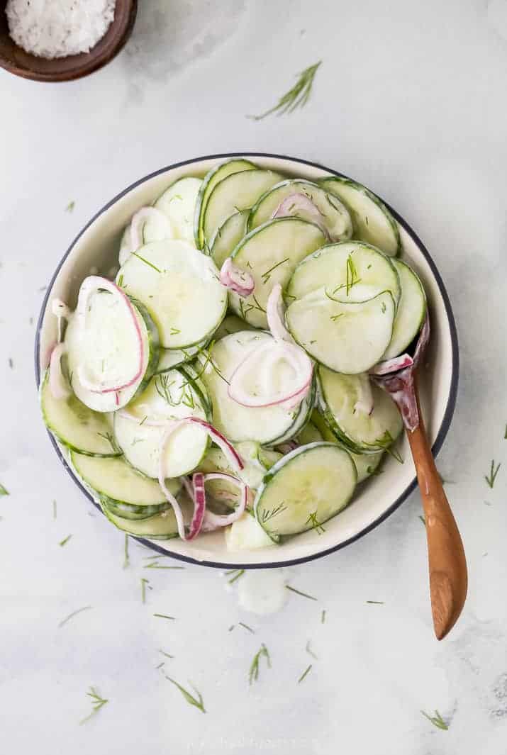 10 minute creamy cucumber salad in a bowl