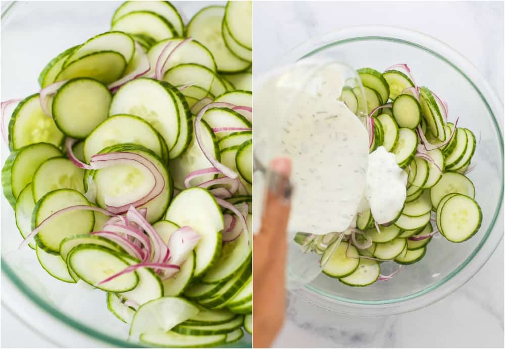 process photos for 10 minute creamy cucumber salad in a bowl