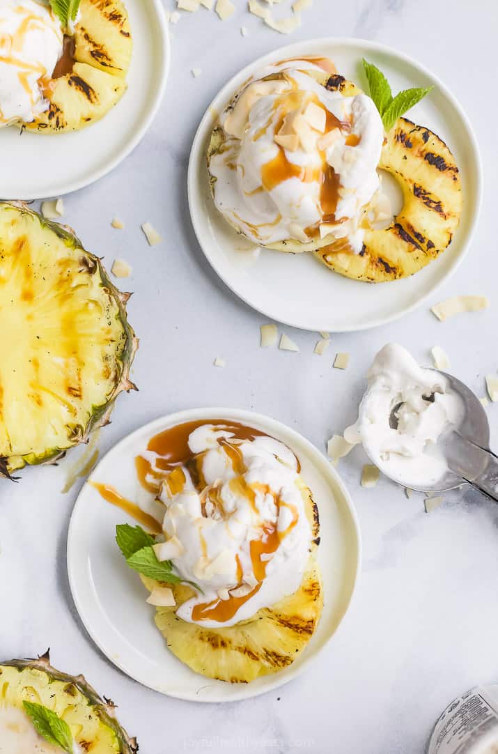 overhead photo of easy vegan grilled pineapple with coconut milk ice cream 