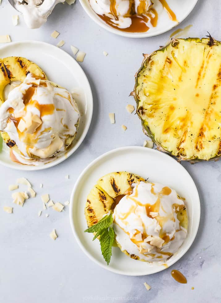 overhead photo of easy vegan grilled pineapple dessert with coconut milk ice cream