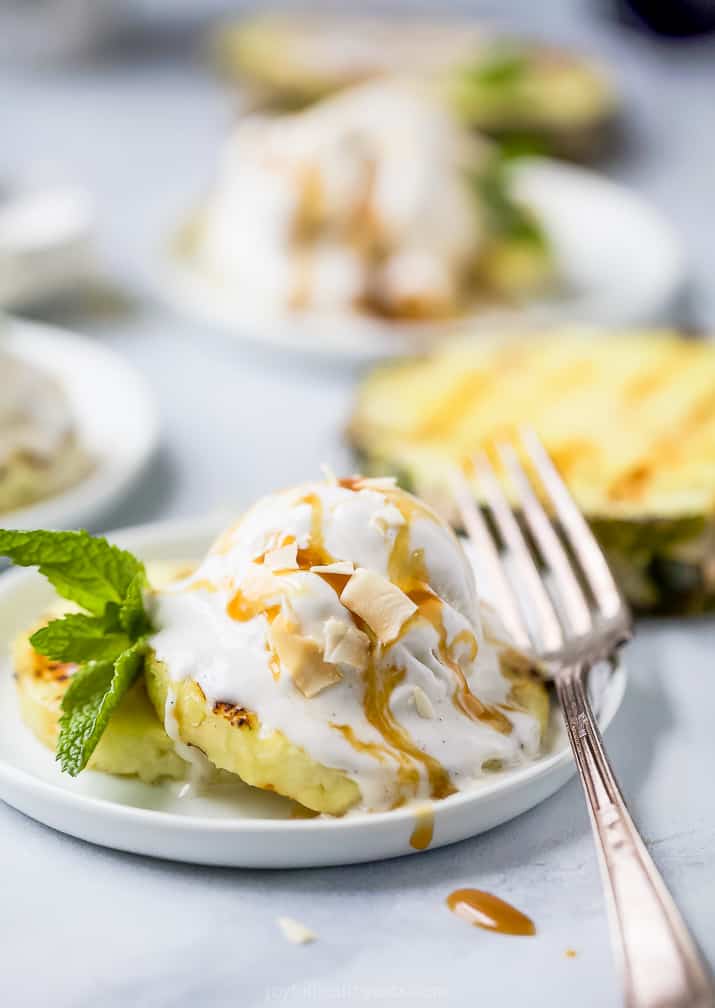 side photo of easy vegan grilled pineapple with coconut ice cream