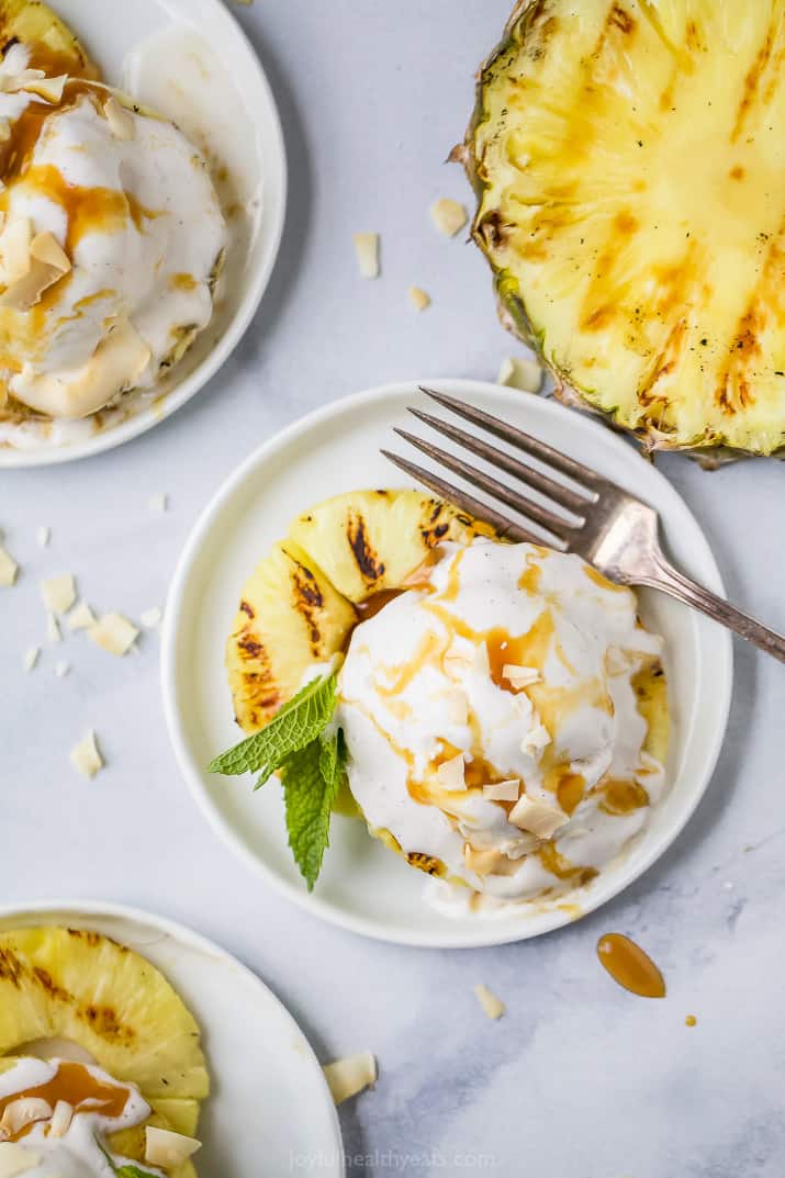 easy vegan grilled pineapple dessert with coconut ice cream on top