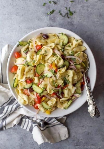 greek tortellini pasta salad in a bowl