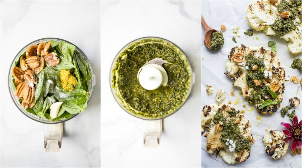 process photos of how to make pecan pesto and grilled cauliflower steaks