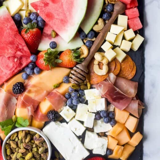 overhead photo of summer cheese board