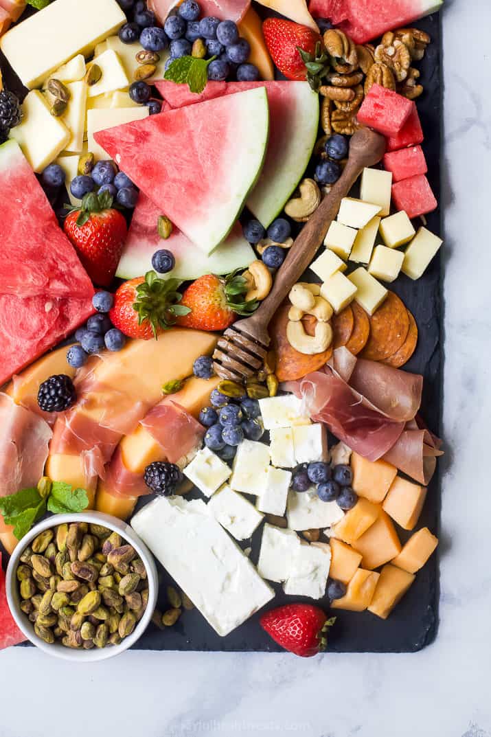 overhead photo of summer cheese board