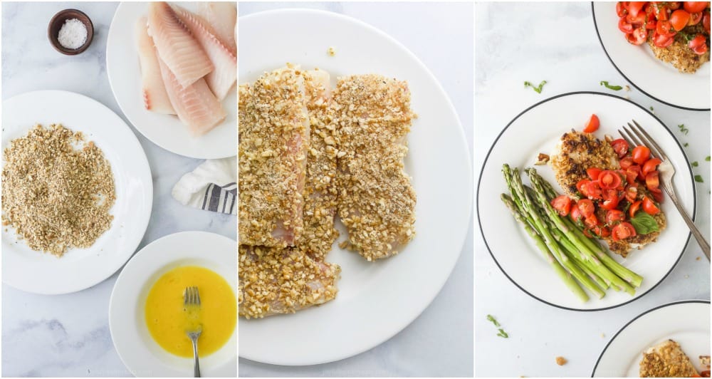 process photos of how to make pecan crusted tilapia with tomato bruschetta