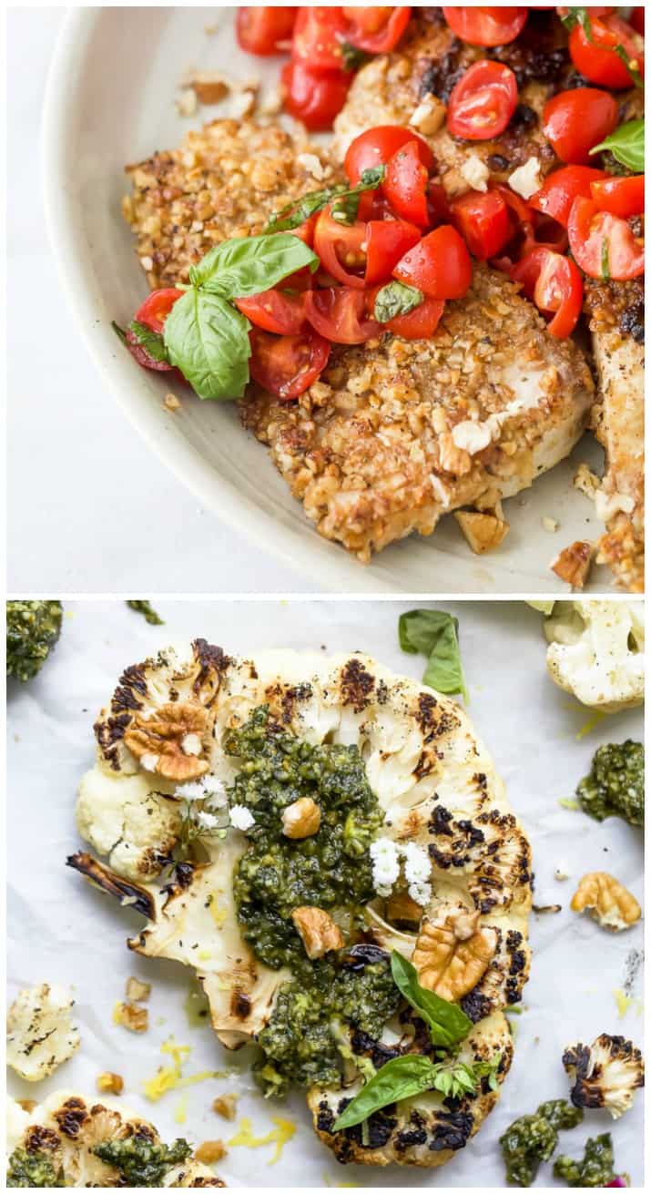 photo of pecan crusted tilapia and grilled cauliflower steaks with pecan pesto