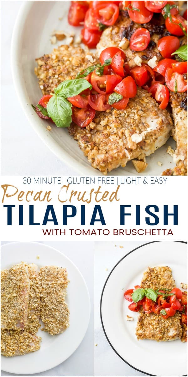 pinterest image for pecan crusted tilapia with tomato bruschetta