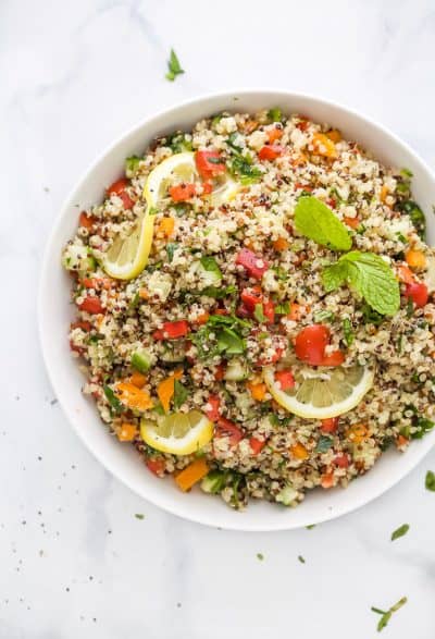 20 minute quinoa tabbouleh salad in a bowl