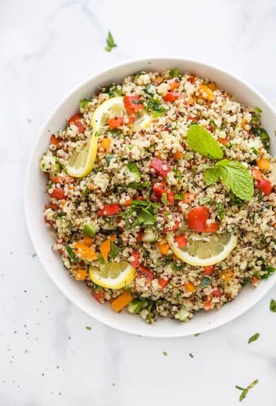 20 minute quinoa tabbouleh salad in a bowl