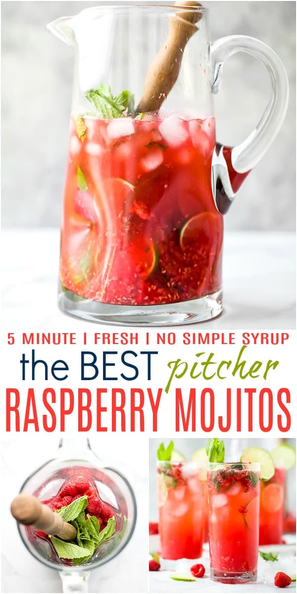 pinterest image for the best fresh raspberry mojito recipe in a pitcher
